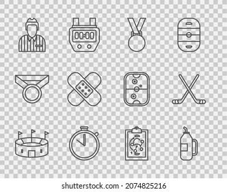 Set line Hockey stadium, Fitness shaker, Medal, Stopwatch, judge, referee, arbiter, Crossed bandage plaster, Planning strategy and Ice hockey sticks icon. Vector