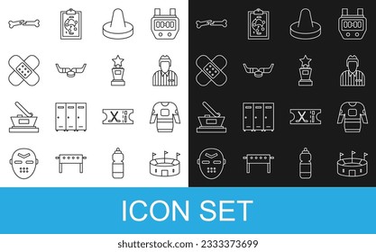 Set line Hockey stadium, jersey, judge, referee, arbiter, Mallet for playing air hockey, Ice sticks and puck, Crossed bandage plaster, Human broken bone and Award cup icon. Vector