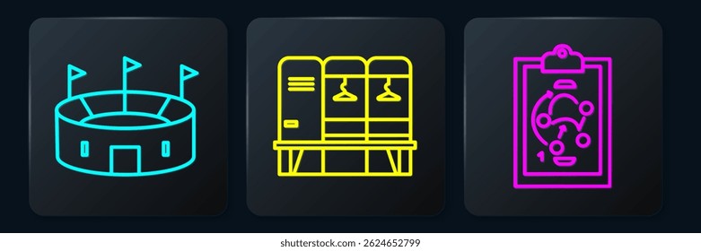 Set line Hockey stadium, Planning strategy and Locker or changing room. Black square button. Vector