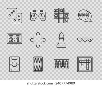 Fijar la línea de la mesa de hockey, Bingo, Tic tac toe game, Backgammon board, Game dice, Puzzle piezas juguete, Board and Hearts for icon. Vector