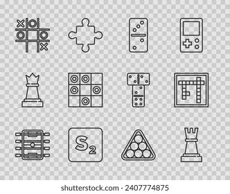 Set line Hockey table, Chess, Domino, Bingo, Tic tac toe game, Board of checkers, Billiard balls triangle and  icon. Vector