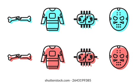 Set line Hockey table, Human broken bone, Hockey jersey and Hockey mask icon. Vector