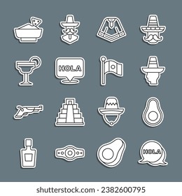 Set line Hola, Avocado fruit, Mexican man sombrero, Poncho, Margarita cocktail, Nachos in bowl and Mexico flag icon. Vector