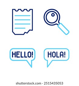 Set line Hola in different languages, Hello, Magnifying glass and Notebook icon. Vector