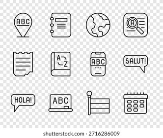 Establecer línea Hola en diferentes idiomas, horario de la escuela, globo terráqueo, pizarra, alfabeto, libro del traductor, bandera y saludo icono. Vector