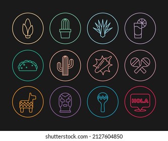 Set line Hola, Maracas, Agave, Cactus, Taco with tortilla, Corn, Hot chili pepper pod and succulent in pot icon. Vector