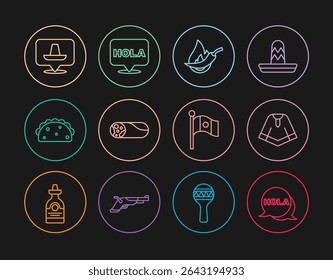 Set line Hola, Poncho, Hot chili pepper pod, Burrito, Taco with tortilla, Mexican sombrero, Mexico flag and  icon. Vector