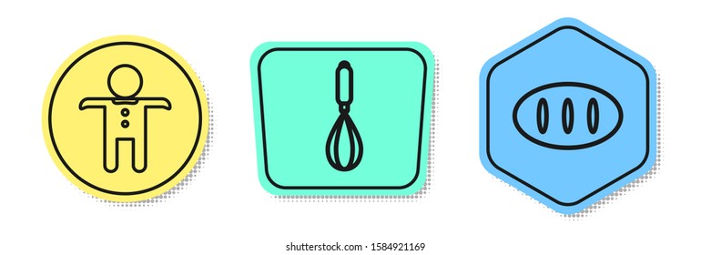 Set line Holiday gingerbread man cookie , Kitchen whisk  and Bread loaf . Colored shapes. Vector