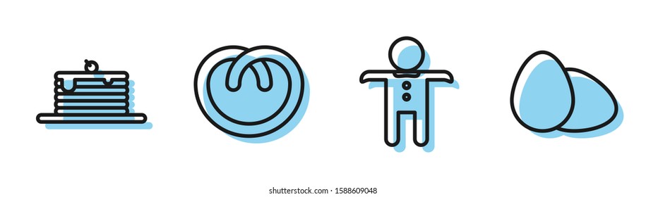 Set line Holiday gingerbread man cookie , Stack of pancakes , Pretzel  and Chicken egg  icon. Vector