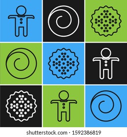 Set line Holiday gingerbread man cookie , Cracker biscuit  and Roll bun with cinnamon  icon. Vector