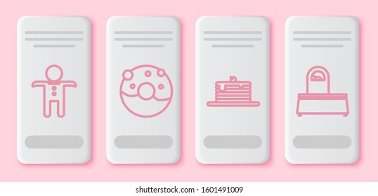 Set line Holiday gingerbread man cookie , Donut with sweet glaze , Stack of pancakes  and Scales . White rectangle button. Vector