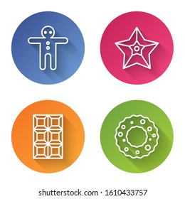 Set line Holiday gingerbread man cookie, Christmas star, Chocolate bar and Christmas wreath. Color circle button. Vector