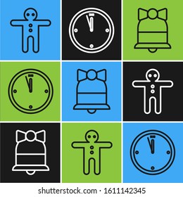 Set line Holiday gingerbread man cookie, Merry Christmas ringing bell and Clock icon. Vector