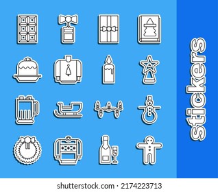 Set line Holiday gingerbread man cookie, Christmas snowman, star, Gift box, sweater, Cake, Chocolate bar and Burning candle candlestick icon. Vector
