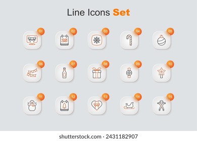 Set line Holiday gingerbread man cookie, Christmas santa claus sleigh, Gift box, calendar, snowman, star, Candy and  icon. Vector