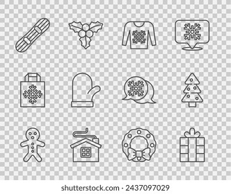 Set line Holiday gingerbread man cookie, Gift box, Christmas sweater, Merry house, Snowboard, mitten, wreath and tree icon. Vector