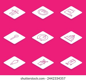Set line Holiday gingerbread man cookie, Pretzel, Flour pack, Pizza knife, Kitchen timer, Cake, Pastry bag for decorate cakes and Windmill icon. Vector