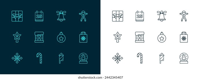 Set line Holiday gingerbread man cookie, Candy cane with stripes, Christmas ball, Firework rocket, chimney, ringing bell, Gift box and calendar icon. Vector