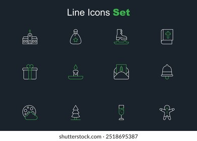 Set line Holiday gingerbread man cookie, Glass of champagne, Christmas tree, night, ringing bell, Envelope, Burning candle and Gift box icon. Vector