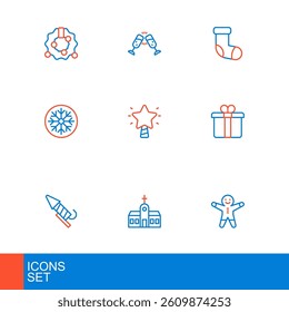 Set line Holiday gingerbread man cookie, Church building, Firework rocket, Gift box, Snowflake, Christmas star, stocking and Glass of champagne icon. Vector