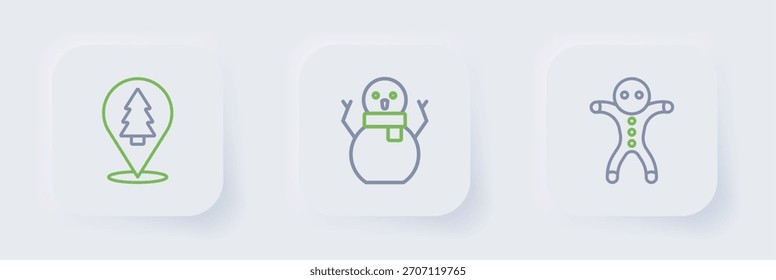 Set line Holiday gingerbread man cookie, Christmas snowman and tree icon. Vector