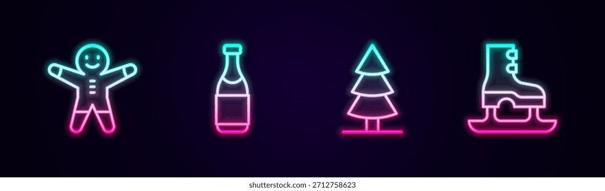 Set line Festiva galleta de hombre de jengibre, botella de champán, árbol de Navidad y patines. Icono de neón brillante. Vector
