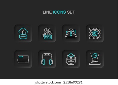 Set line Hologram, Cloud database, Headphones, Credit card, Neural network, Exclamation mark in triangle, Mechanical robot hand and Network cloud connection icon. Vector