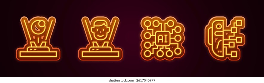 Set line Hologram, Neural network and Humanoid robot. Glowing neon icon. Vector