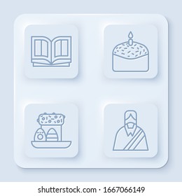 Set line Holy bible book, Easter cake and candle, Easter cake and eggs and Jesus Christ. White square button. Vector