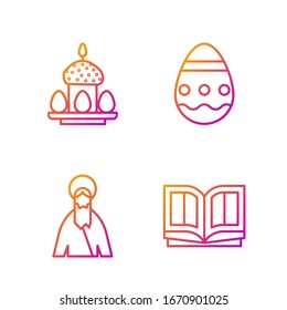 Set line Holy bible book, Jesus Christ, Easter cake and eggs and Easter egg. Gradient color icons. Vector