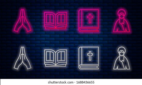 Set line Holy bible book, Holy bible book, Hands in praying position and Jesus Christ. Glowing neon icon on brick wall. Vector