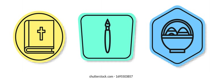 Set line Holy bible book, Paint brush and Basket with easter eggs. Colored shapes. Vector