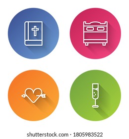 Set line Holy bible book, Bedroom, Amour with heart and arrow and Glass of champagne. Color circle button. Vector