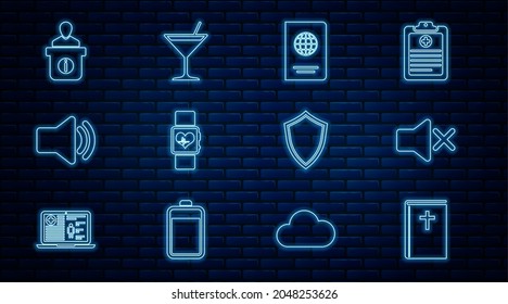 Set Line Holy Bible Book, Speaker Mute, Passport, Smart Watch Heart Beat Rate, Volume, Information Desk, Shield And Martini Glass Icon. Vector