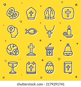 Set line Holy bible book, Church bell, Burning candle in candlestick, Hands praying position, Christian fish symbol, Priest, bread and cross chain icon. Vector