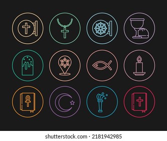 Set line Holy bible book, Burning candle, Dharma wheel, Star of David, Easter cake, Christian cross, fish and on chain icon. Vector