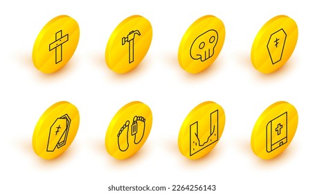 Set line Holy bible book, Cemetery digged grave hole, Dead body, Coffin with cross, Skull, Hammer and Christian icon. Vector