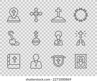 Set line Holy bible book, Christian icon, Grave with cross, Priest, Location church building, Flag christian and Hands praying position icon. Vector