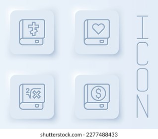 Set line Holy bible book, Romance, Book with mathematics and Financial. White square button. Vector