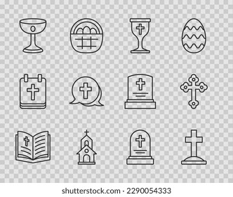 Set line Holy bible book, Grave with cross, Christian chalice, Church building, tombstone and  icon. Vector