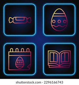 Set line Holy bible book, Calendar with Easter egg, Candy and Easter egg. Gradient color icons. Vector