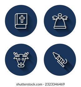 Set line Holy bible book, Angel, Reindeer and Firework rocket with long shadow. Blue circle button. Vector