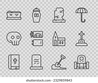 Set line Holy bible book, Grave with tombstone, Old grave, Coffin dead, Crematorium, Shovel the ground and cross icon. Vector