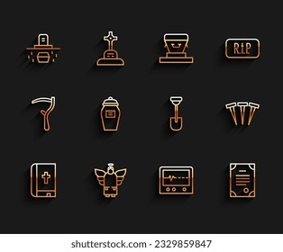 Set line Holy bible book, Christmas angel, Grave with coffin, Beat dead monitor, Death certificate, Funeral urn, Metallic nails and Shovel icon. Vector