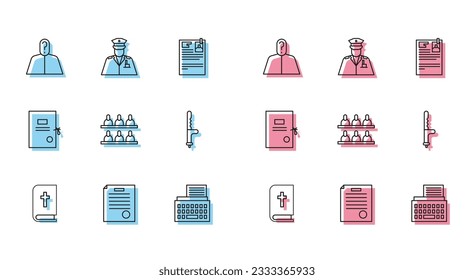 Set line Holy bible book, The arrest warrant, Anonymous with question mark, Retro typewriter, Jurors, Police rubber baton, Lawsuit paper and officer icon. Vector