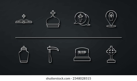 Set line Holy bible book, Funeral urn, Coffin with cross, Tombstone RIP written, Scythe, Church tower, Grave and  icon. Vector