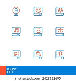 Set line Holy bible book, Book about women, Ancient magic, Audio, Chemistry, User manual and Earth globe and icon. Vector