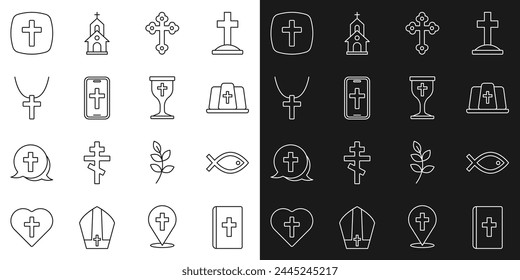 Set line Holy bible book, Christian fish symbol, Pope hat, cross, on phone, chain,  and chalice icon. Vector