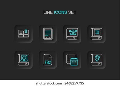 Set line Holy bible book, Daily paper notepad, FB2 File, User manual, Book, Ancient magic, E-Book reader and Open icon. Vector