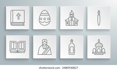 Set line Holy bible book, Easter egg, Jesus Christ, Bottle of wine, cake and eggs, Church building, Paint brush and  icon. Vector